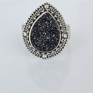 Genuine Black Druzy Quartz Ornate Sarda Ring Sterling Silver Size 8!